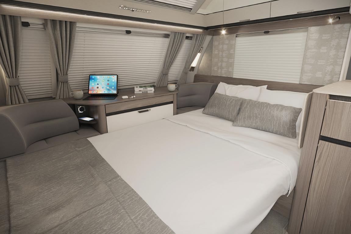 caravan lounge with the bed made up